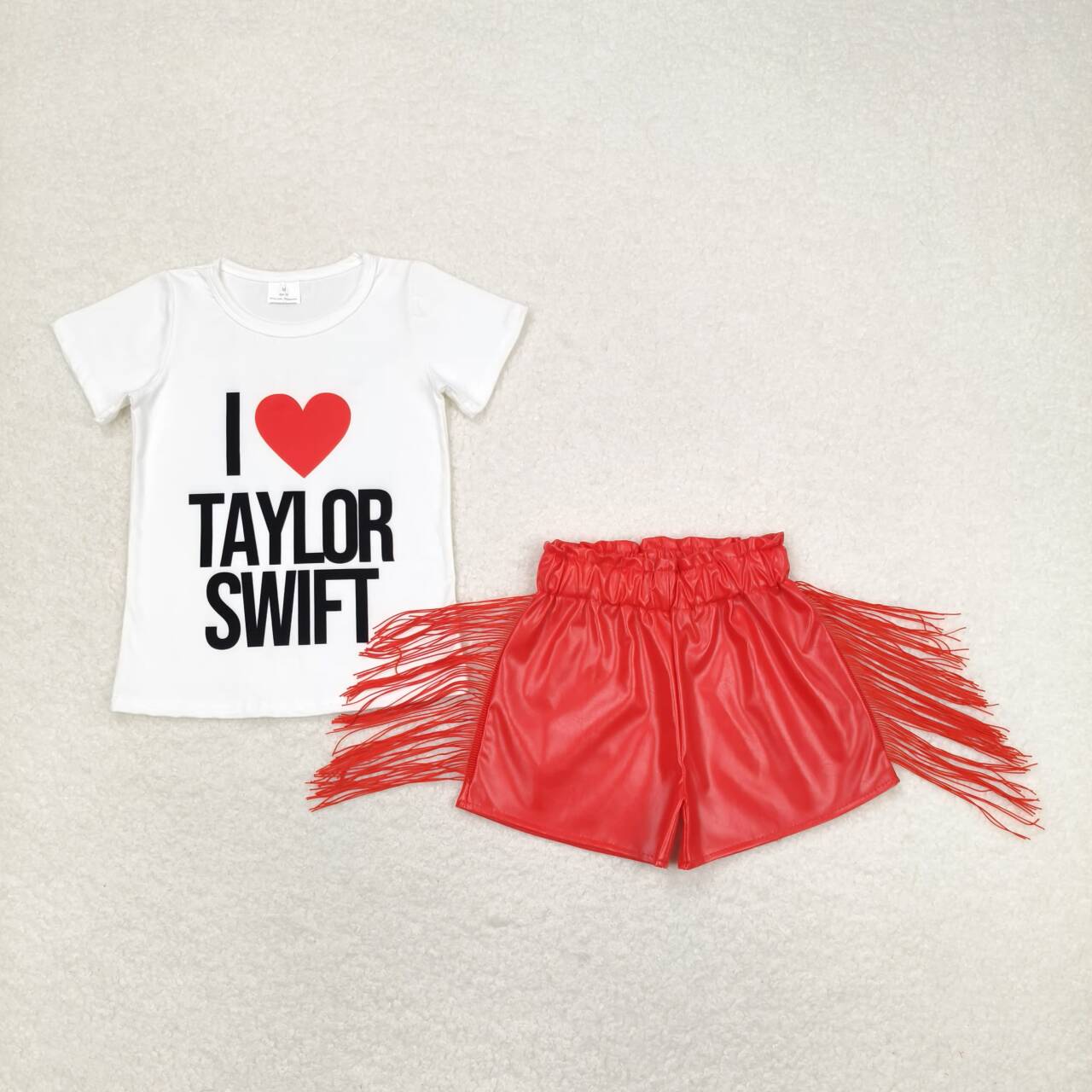 GT0551I love taylor swift white short sleeve top Red shiny leather fringe shorts