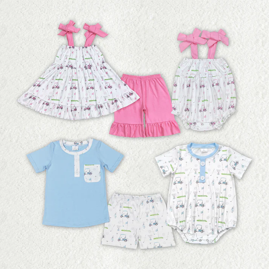RTS NO MOQ  Baby Girls Golf Summer Sibling Boys Rompers Clothes Sets