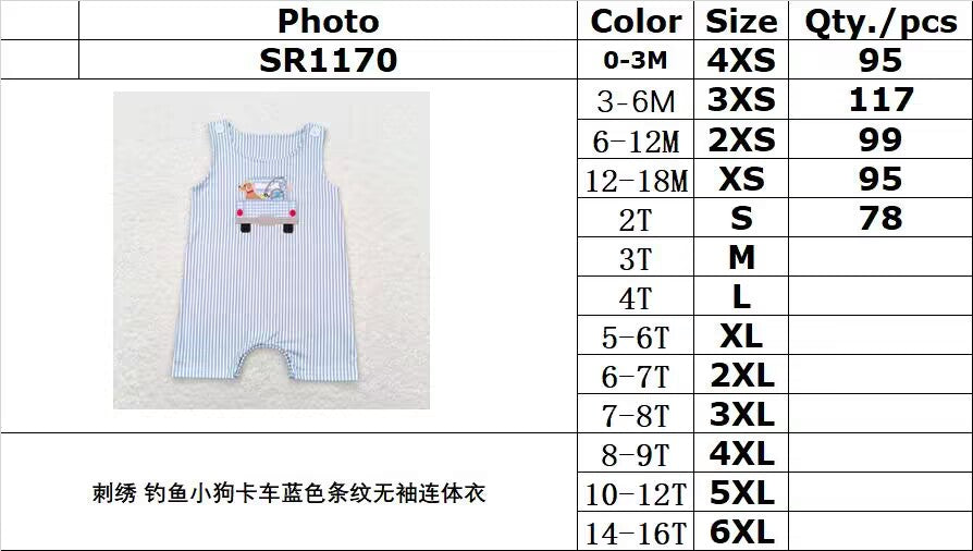 RTS	SR1170Embroidery Fishing Puppy Truck Blue Striped Sleeveless Jumpsuit