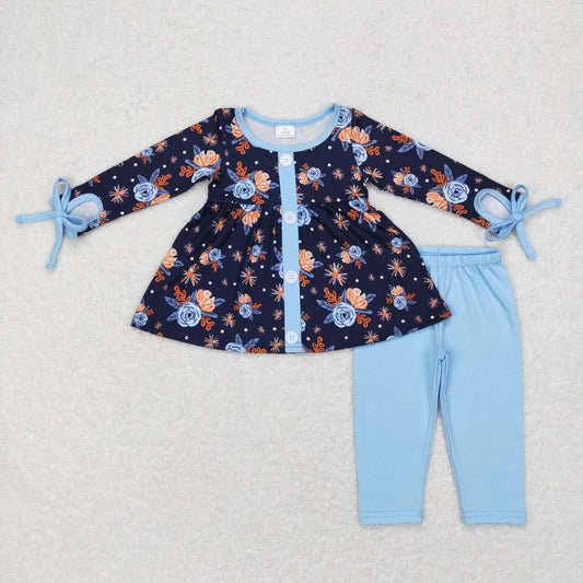 GLP0756 Floral navy blue button-down long-sleeved light-colored trousers suit