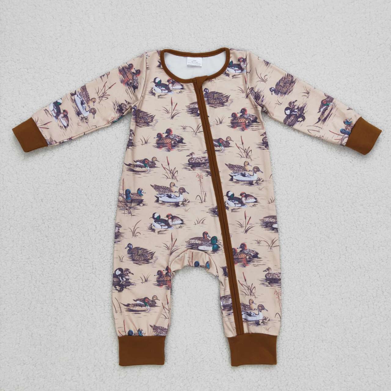 LR0667 Yuanyang Mallard Brown Zip Long Sleeve Jumpsuit