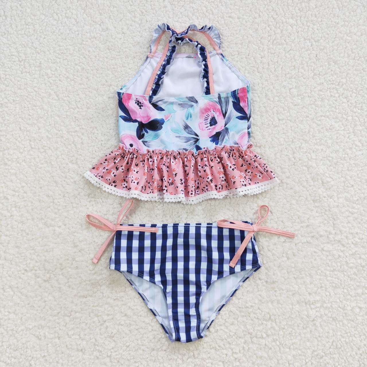 S0158 Floral Lace Blue Plaid Swimsuit Set