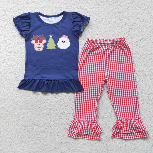 RTS NO MOQ（In Stock) D1-2 Christmas tree blue short-sleeved top and red plaid trousers suit