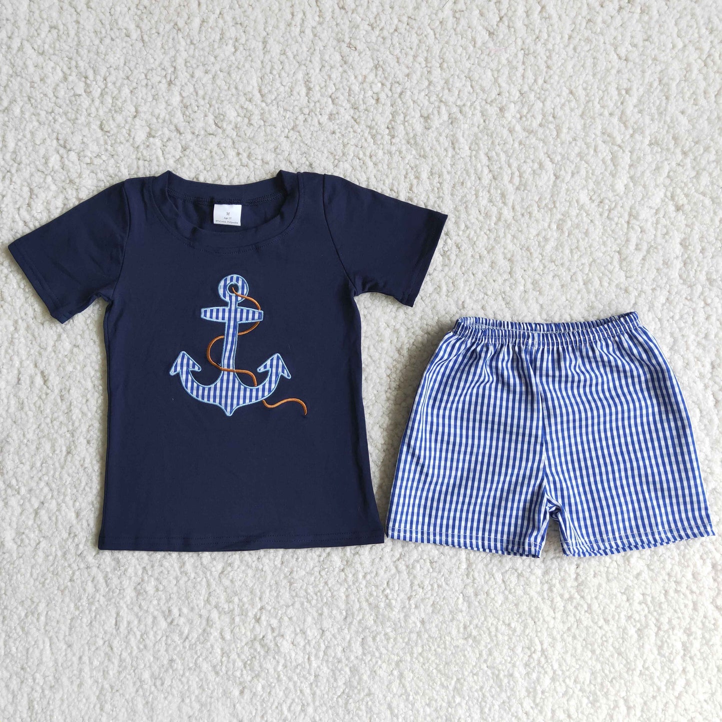 rts no moq D12-17 Spear embroidery blue checkered seersucker shorts