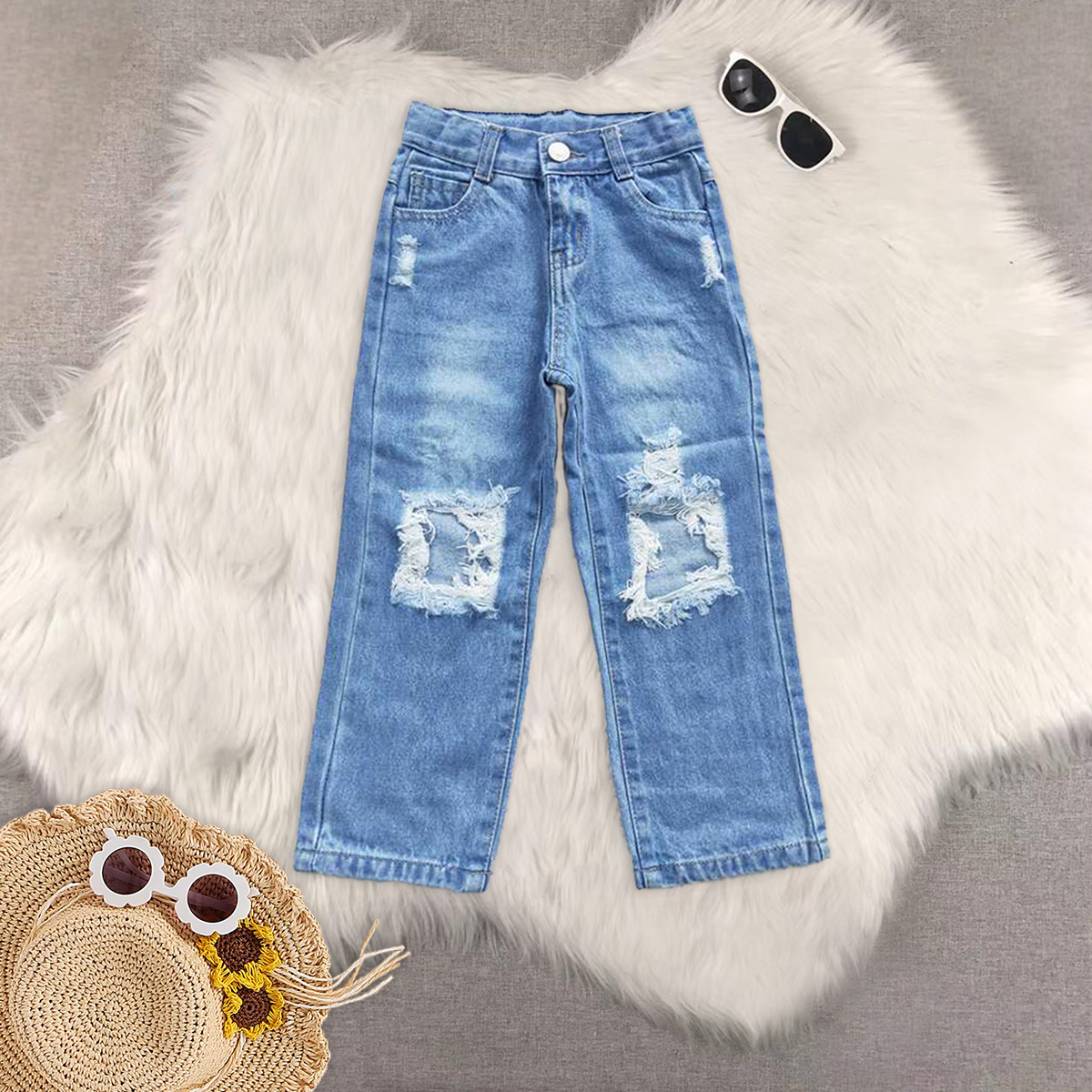 RTS NO MOQ Sibling Baby Girls and boy Clothes Jeans: Flared & Ripped