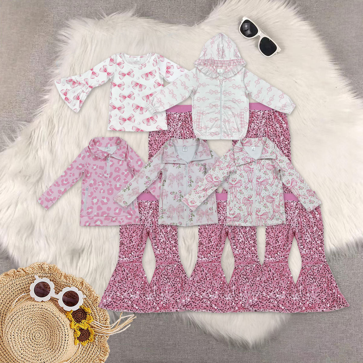 RTS NO MOQ Sibling baby girl clothes yoga bow floral long sleeved top pink sequined pants sets 5