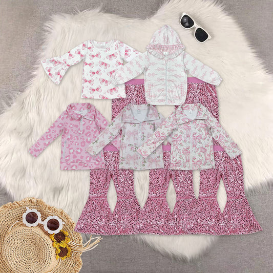 RTS NO MOQ Sibling baby girl clothes yoga bow floral long sleeved top pink sequined pants sets 5
