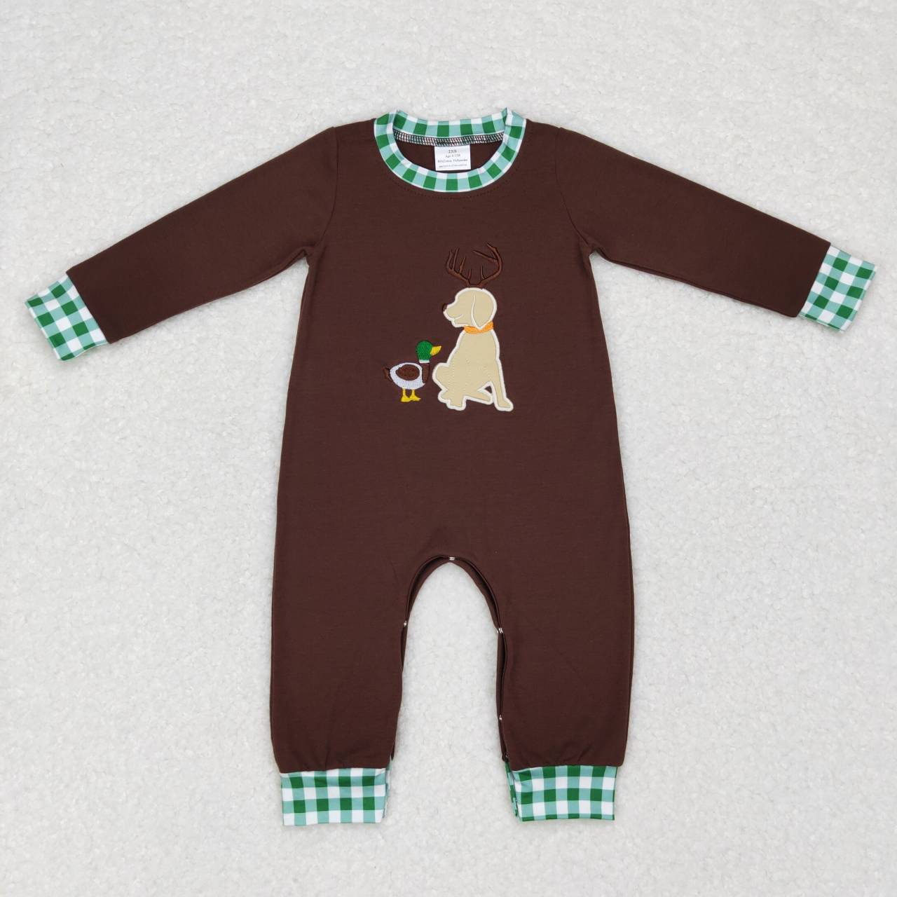 LR0591 Embroidery Mallard Puppy Green White Plaid Brown Long Sleeve Jumpsuit