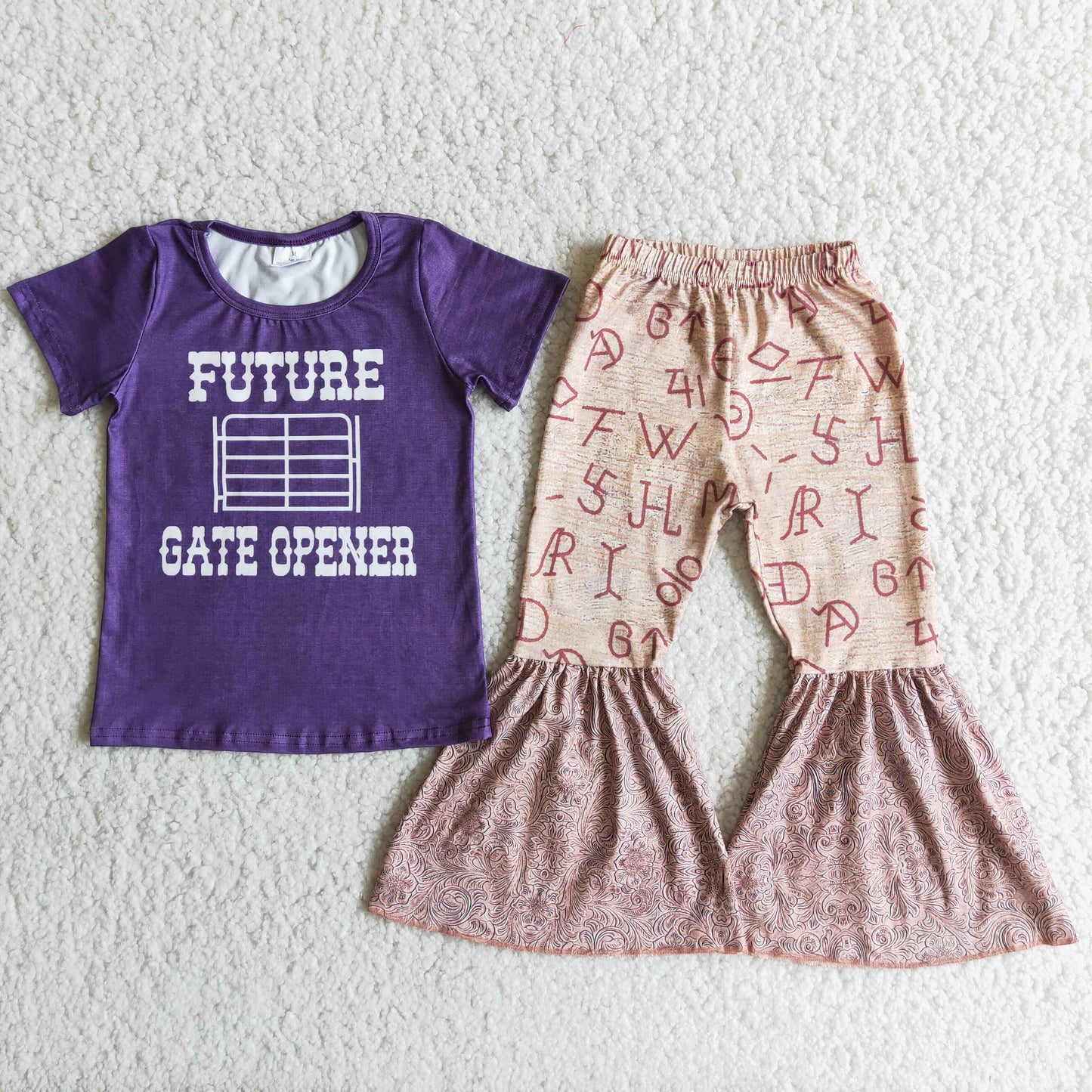 D6-30 Purple FUTURE letter pattern flared pants