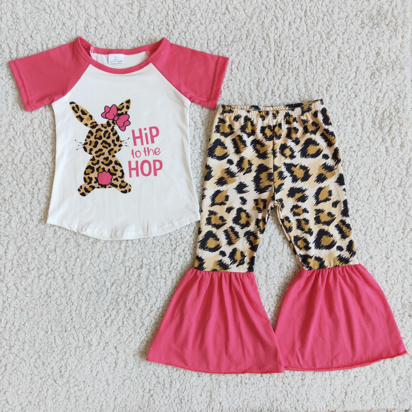 D7-17 Girls Easter Bunny Rose Leopard Print Pants Suit