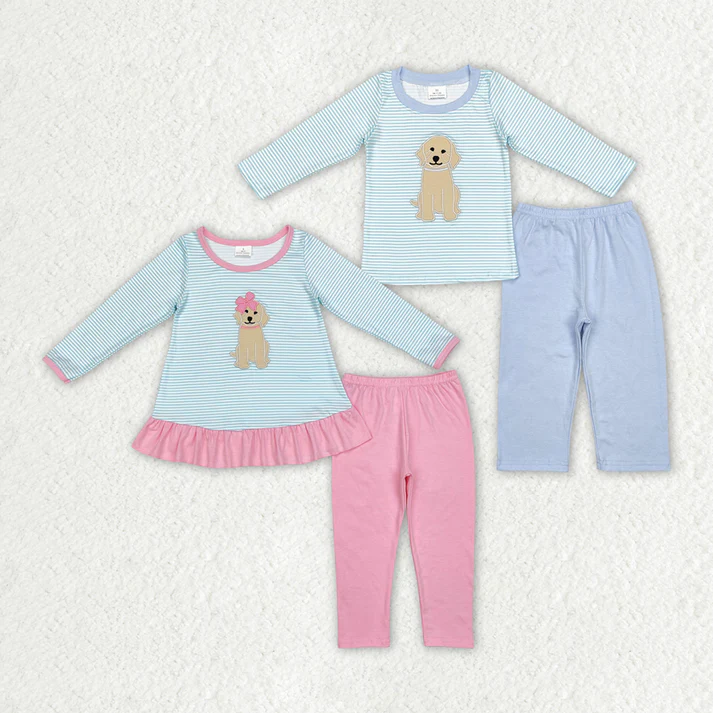 RTS NO MOQ Baby Girls Boys Dog Top Pants Sibling Outfits Clothes SetsEmbroidered Puppy Boys and Girls Long Sleeve Pants Set