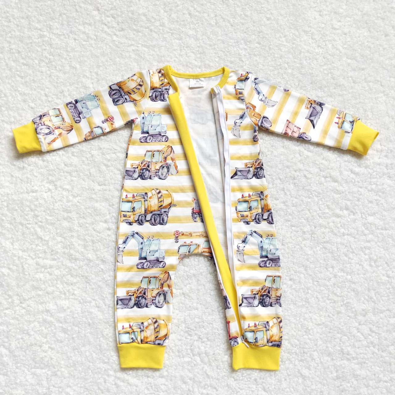 LR0569 Truck Tractor Yellow and White Stripe Zipper Long Sleeve Bodysuit