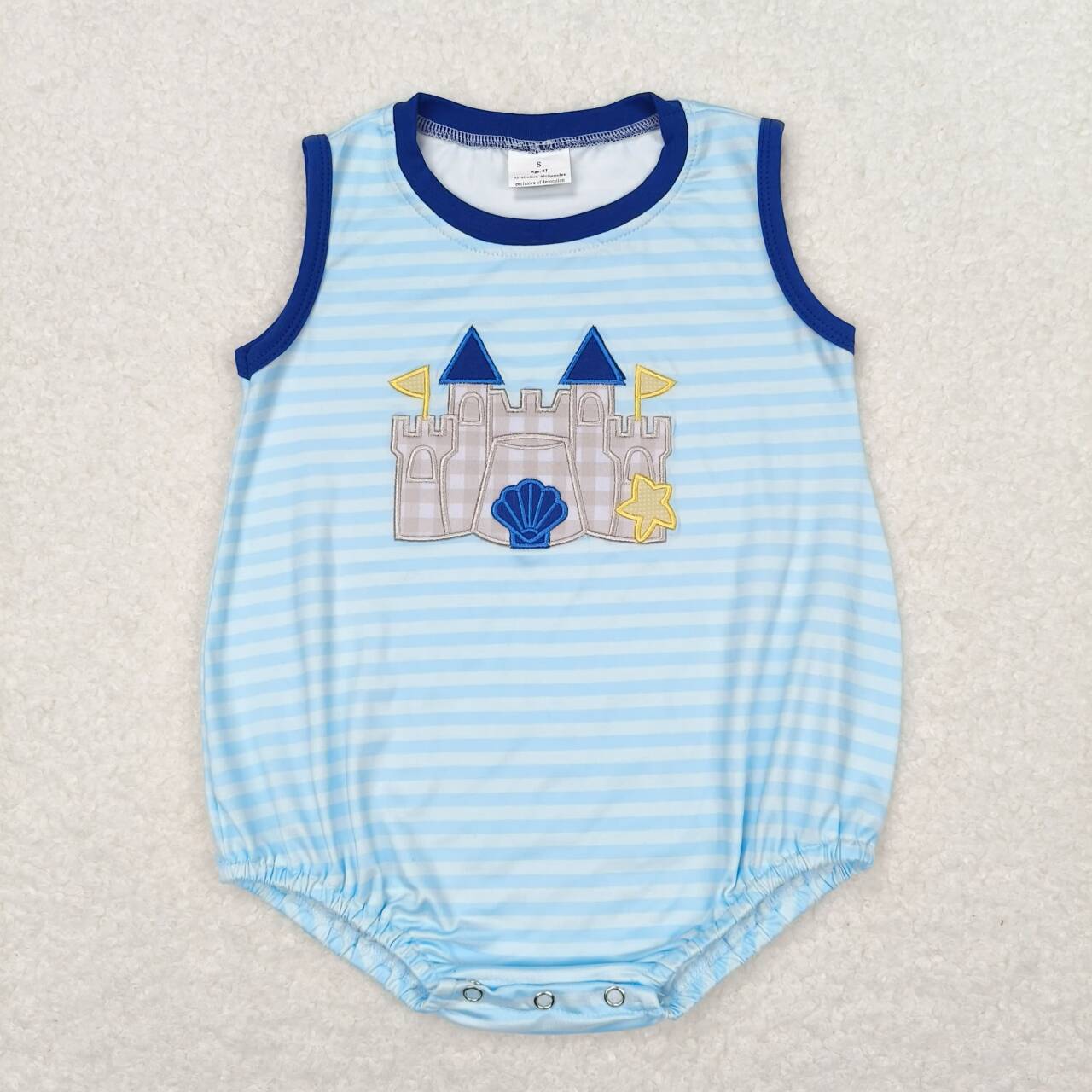 SR1318 boys Blue shell star castle striped vest romper