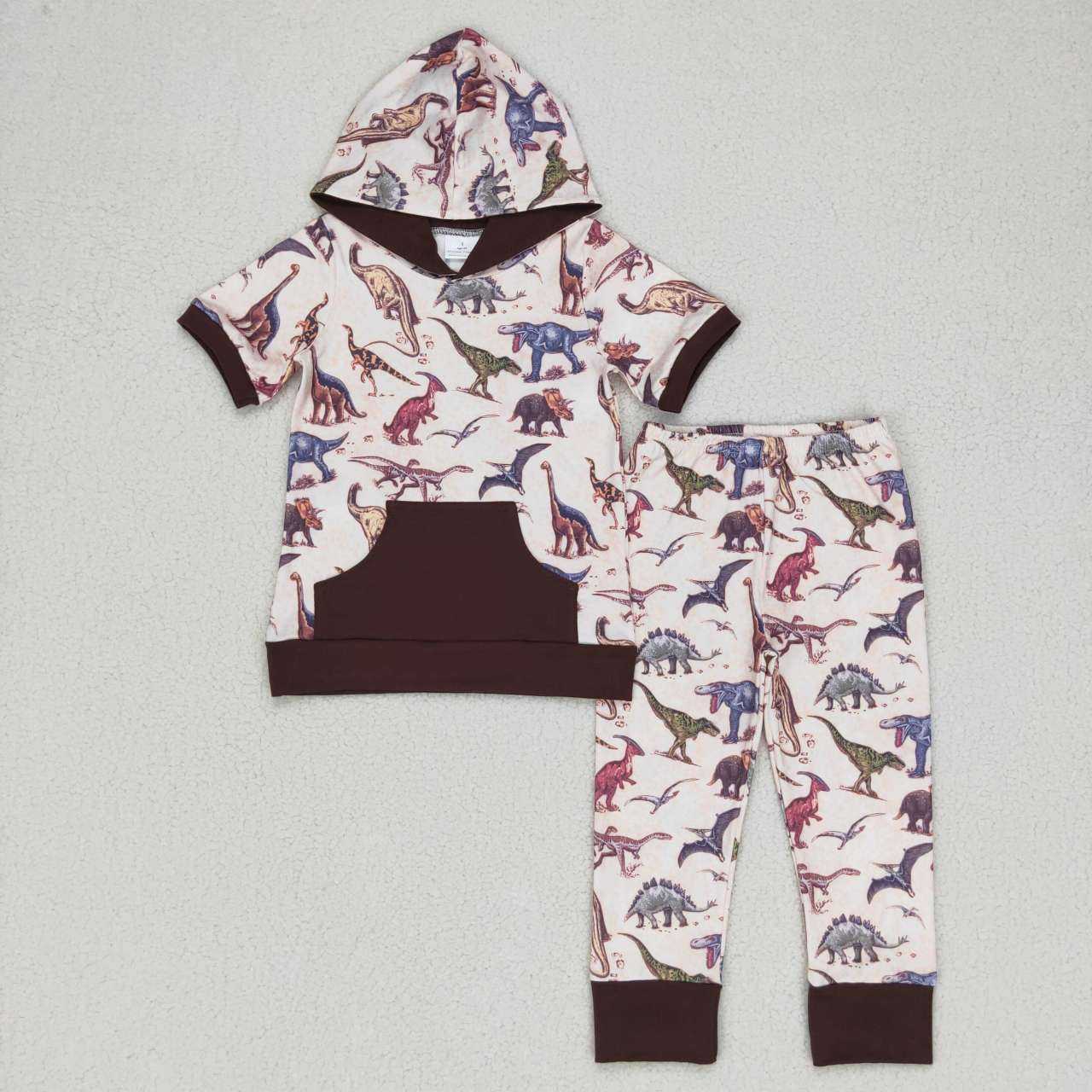 BSPO0152 Dinosaur Brown Pocket Hooded Short Sleeve Pants Suit