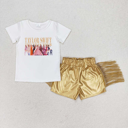 RTS no moq SS0242 Gold shiny leather tassel shorts with 1989 top sets