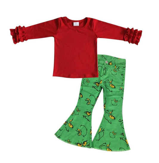 6 A2-1 Red long sleeve lace top+P0230 Cartoon grinch green denim trousers with smiley face