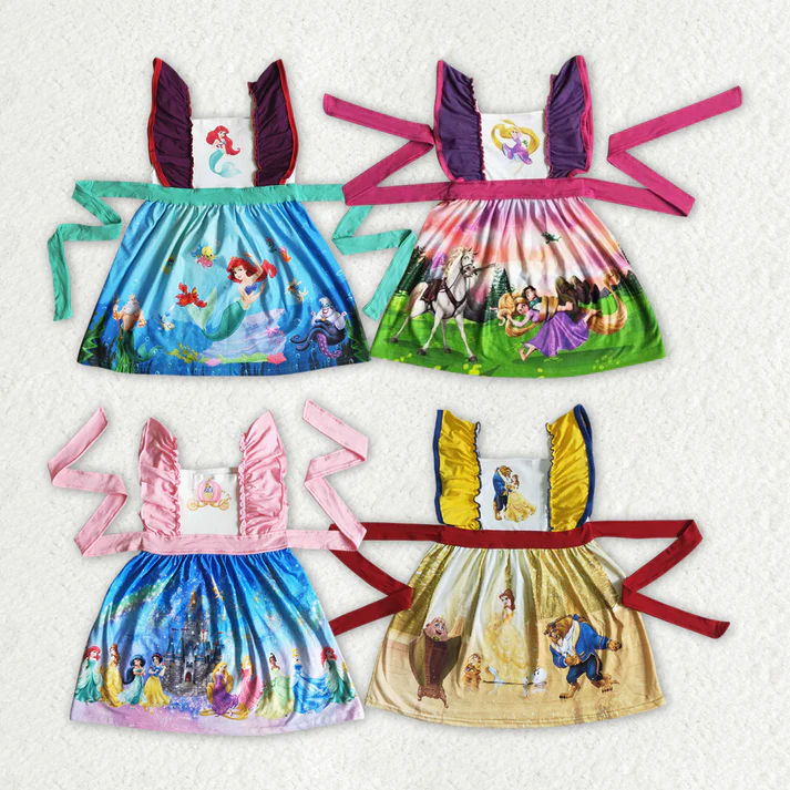 RTS NO MOQ Baby Girls Cartoon Belt Summer Sibling Sister Knee Length Dresses