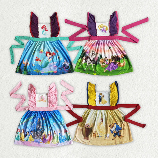 RTS NO MOQ Baby Girls Cartoon Belt Summer Sibling Sister Knee Length Dresses