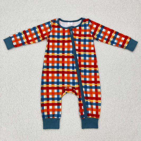 LR0622 Orange and green plaid zipper long-sleeved jumpsuit