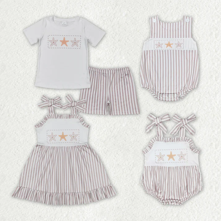 RTS NO MOQ  Baby Girls Boys Sibling Star Fish Stripes Dresses Sets
