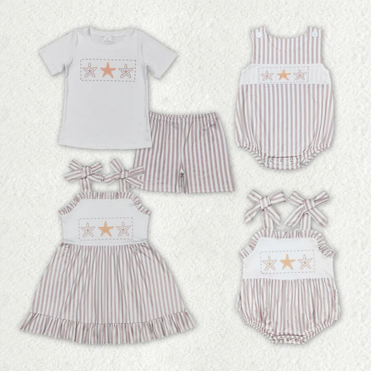RTS NO MOQ  Baby Girls Boys Sibling Star Fish Stripes Dresses Sets