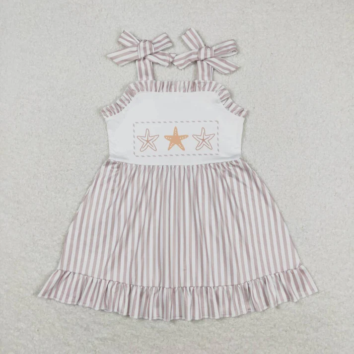 RTS NO MOQ  Baby Girls Boys Sibling Star Fish Stripes Dresses Sets