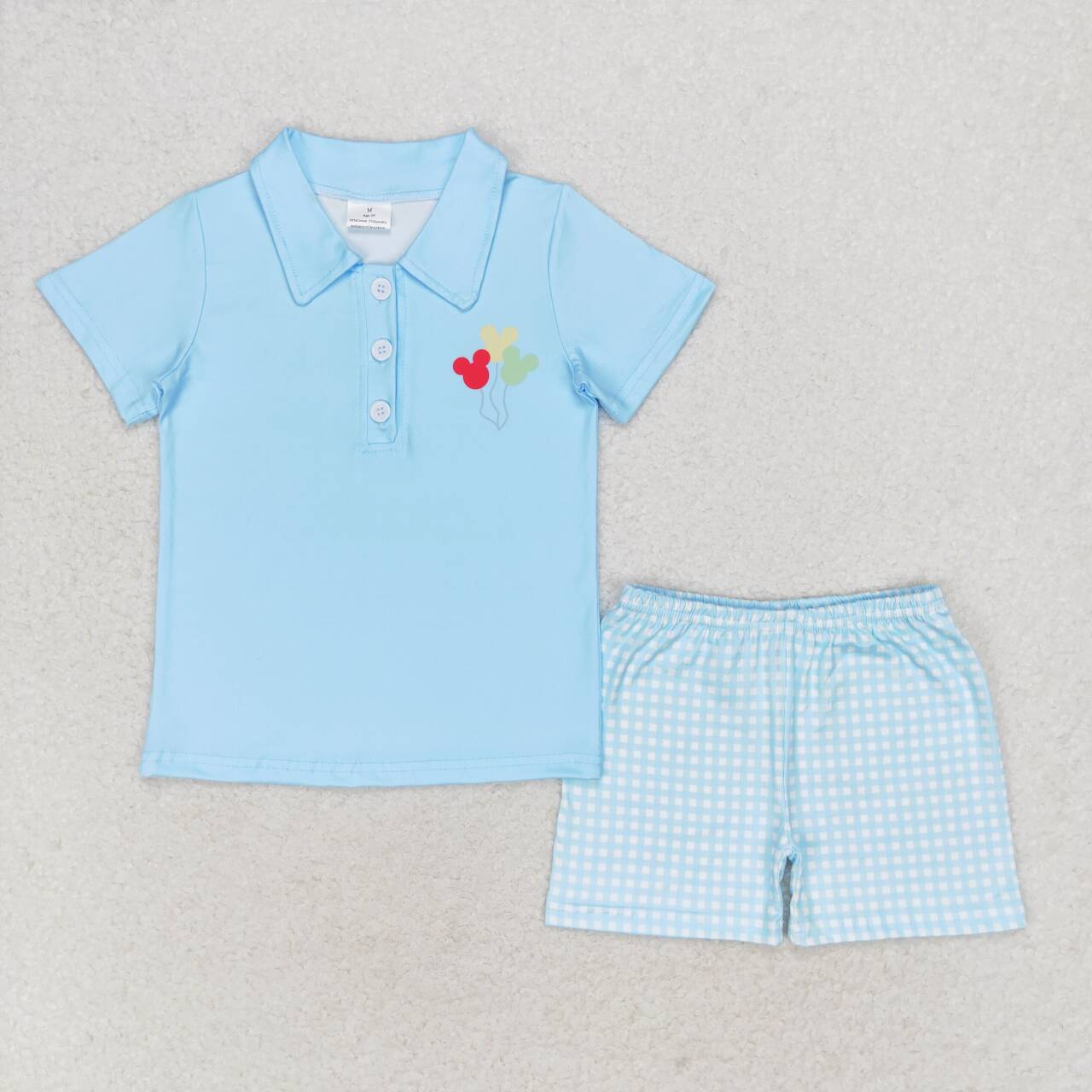 RTS NO MOQ BSSO0683 Mickey Balloon Blue Short Sleeve Plaid Shorts Set