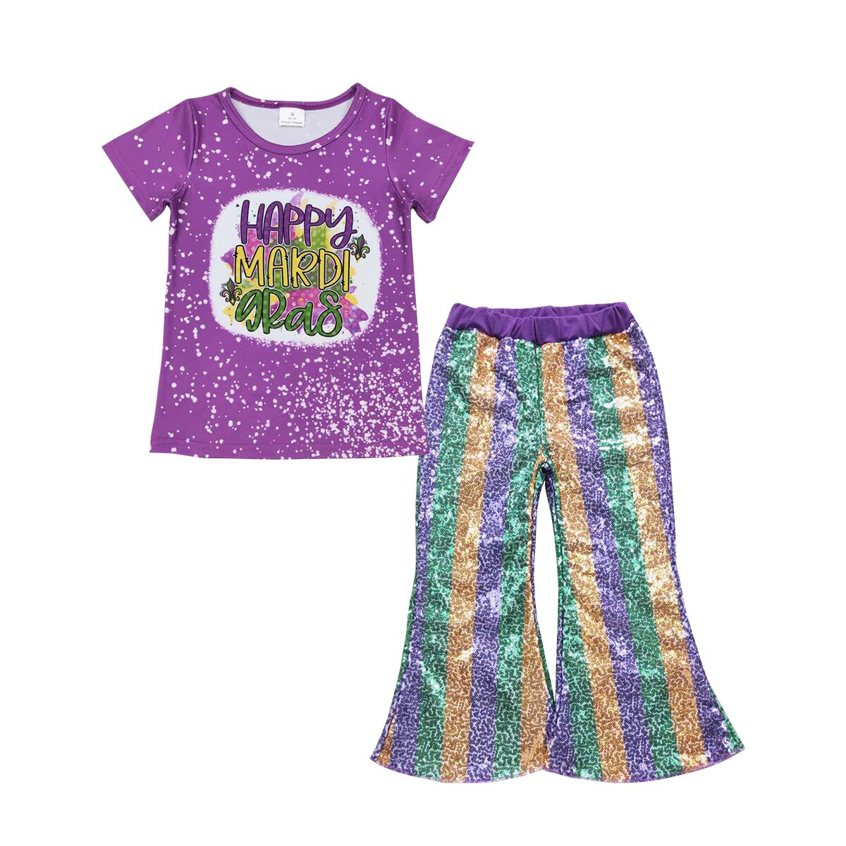 P0277 Purple green gold striped sequin trousers +GT0374 happy mardi gras letter purple short sleeve top