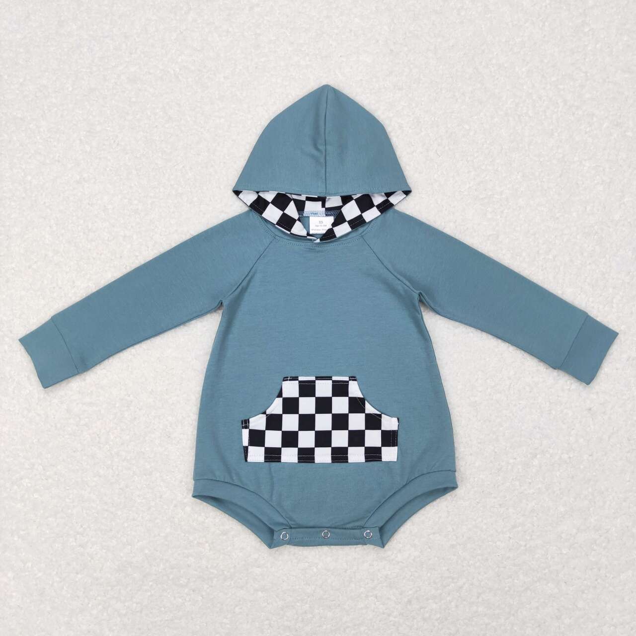 RTS NO MOQ（In Stock) LR0759 Black and white plaid pocket blue hooded long-sleeved jumpsuit