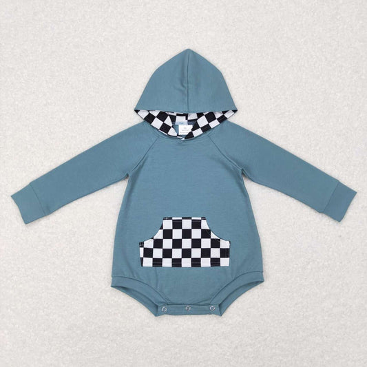 RTS NO MOQ（In Stock) LR0759 Black and white plaid pocket blue hooded long-sleeved jumpsuit