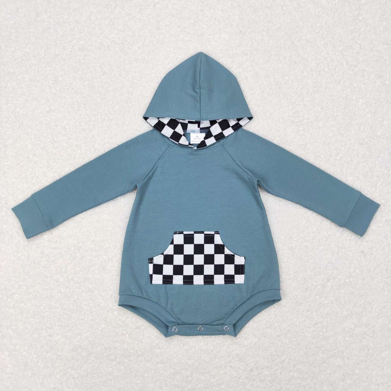 LR0759 Black and white plaid pocket blue hooded long-sleeved jumpsuit