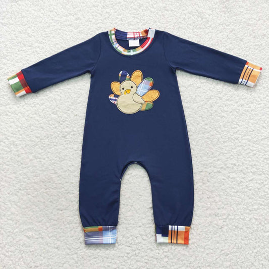 LR0367 Embroidered Turkey Plaid Navy Blue Long Sleeve Bodysuit