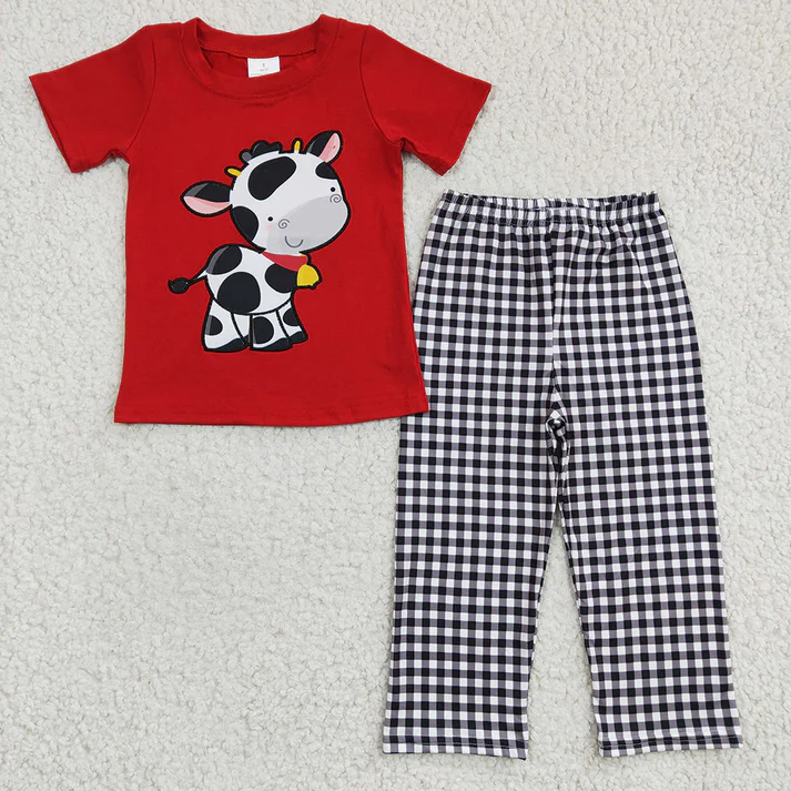 RTS Baby Girls Boys Cow Plaid Embroidery Sibling Clothes Sets