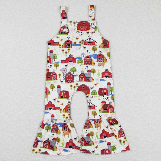 SR0512 Girls Farm Animals Sunflower Red House Suspenders Onesie