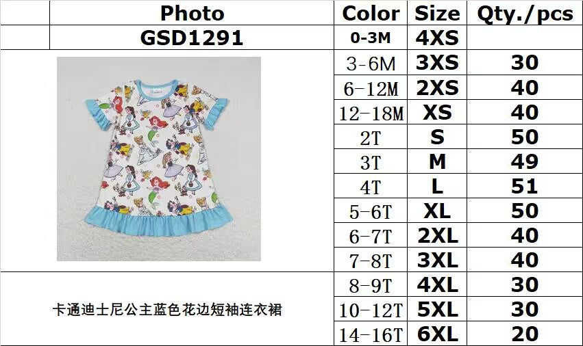 RTS no moq GSD1291 Cartoon Disney Princess Blue Lace Short Sleeve Dress