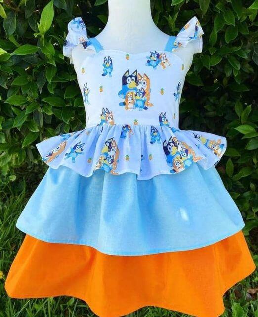 Cartoon dog Bruy blue orange contrast color flying sleeve dress