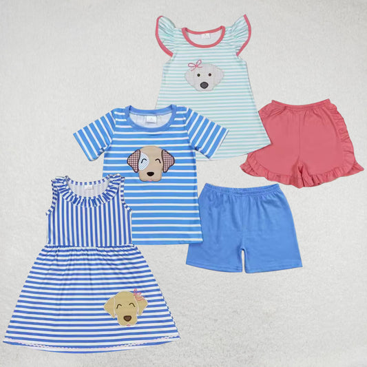 RTS BSSO0746  GSD0934 GSSO0555 Embroidered Puppy Blue Striped Fly Sleeve Pink Shorts Set