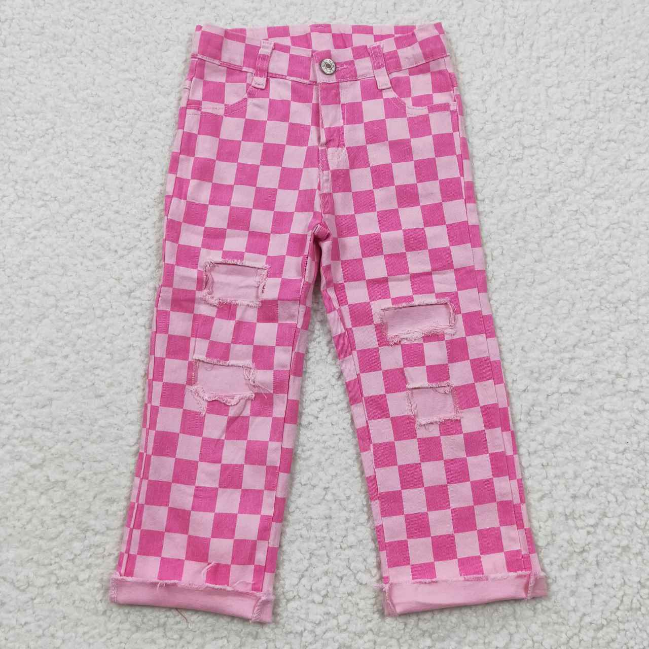 P0096 Pink Plaid Ripped Jeans