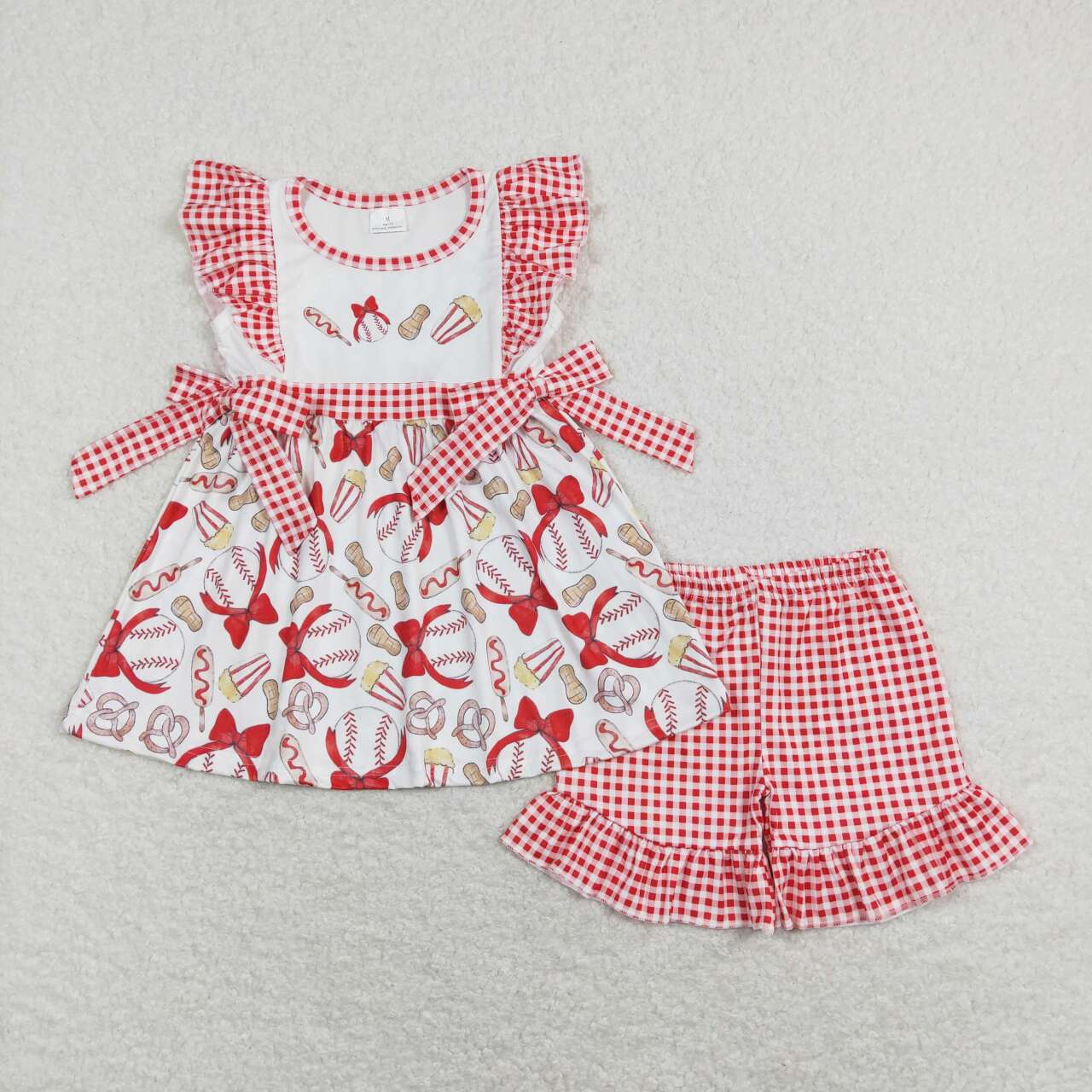 GSSO0516 Bow Baseball Peanut Popcorn Red and White Plaid Bow Short Sleeve Shorts Suit