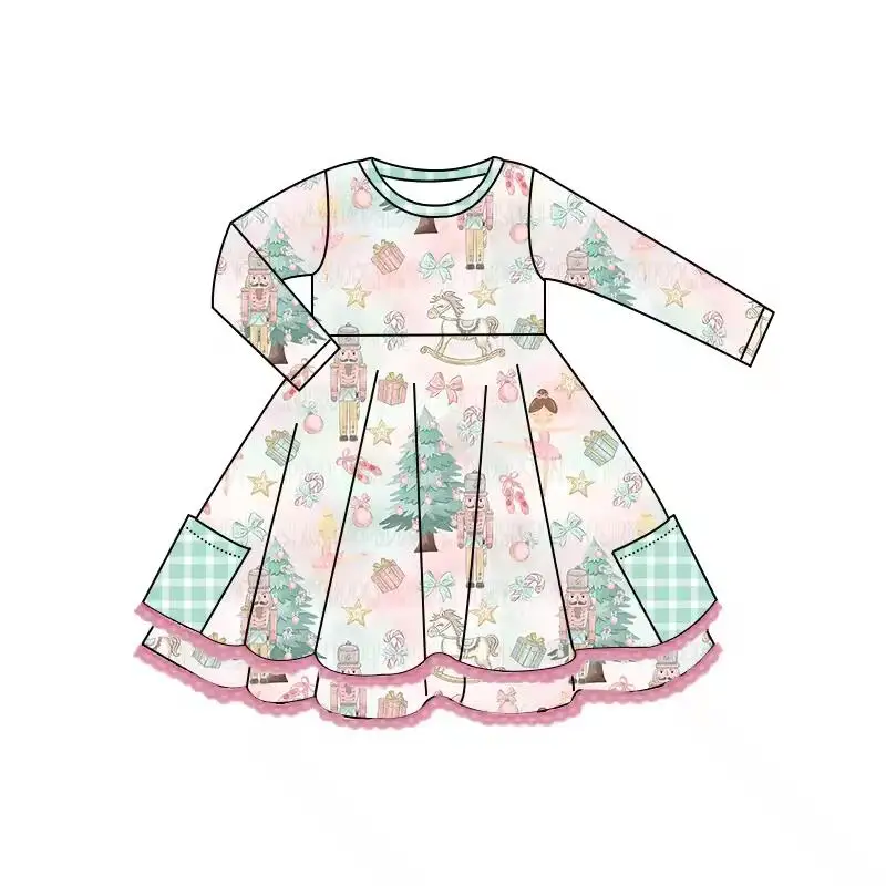 Custom moq 3 eta 7/8week moq 5 eta /4/5week Christmas Puppet Guard-Trojan Horse Pattern Pink Green Blending Long Sleeve Dress