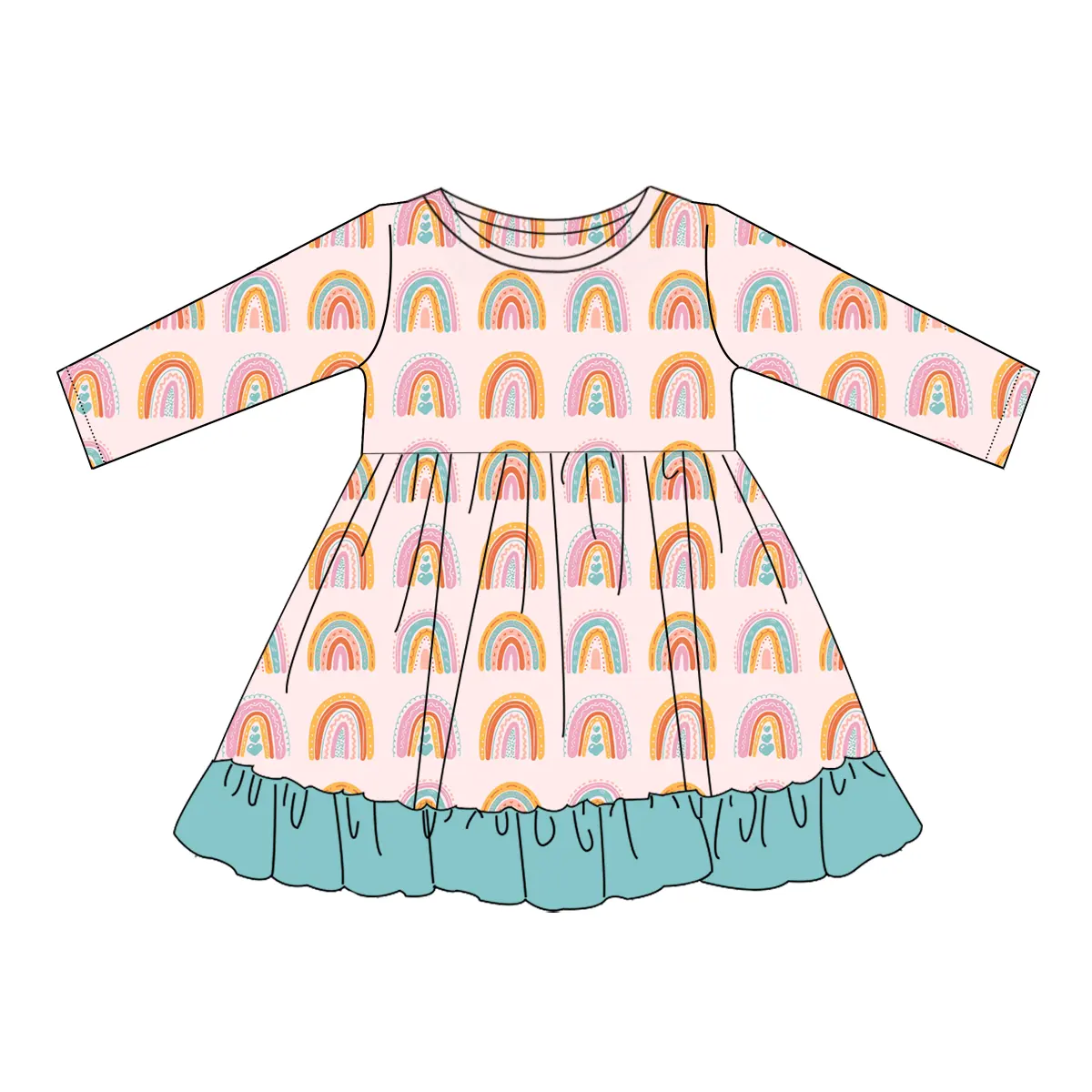 Custom moq 3 eta 7/8week moq 5 eta /4/5week Pink Oval Rainbow Gate Long Sleeve Dress