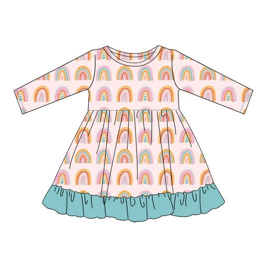 Custom moq 3 eta 7/8week moq 5 eta /4/5week Pink Oval Rainbow Gate Long Sleeve Dress