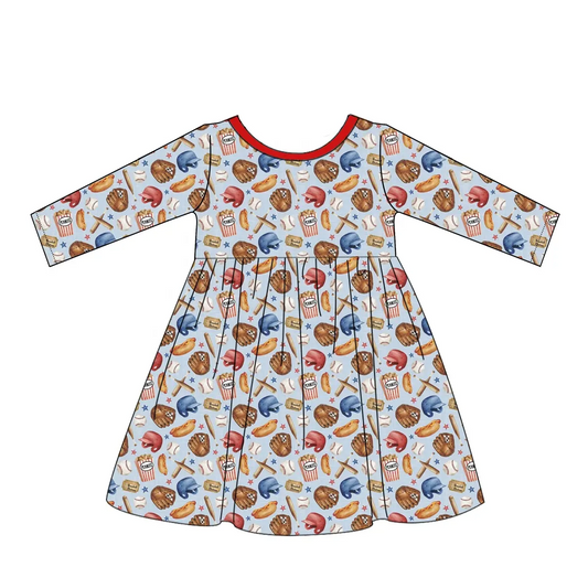 Custom moq 3 eta 7/8week moq 5 eta /4/5week Red Bread & Chips Hat Long Sleeve Dress