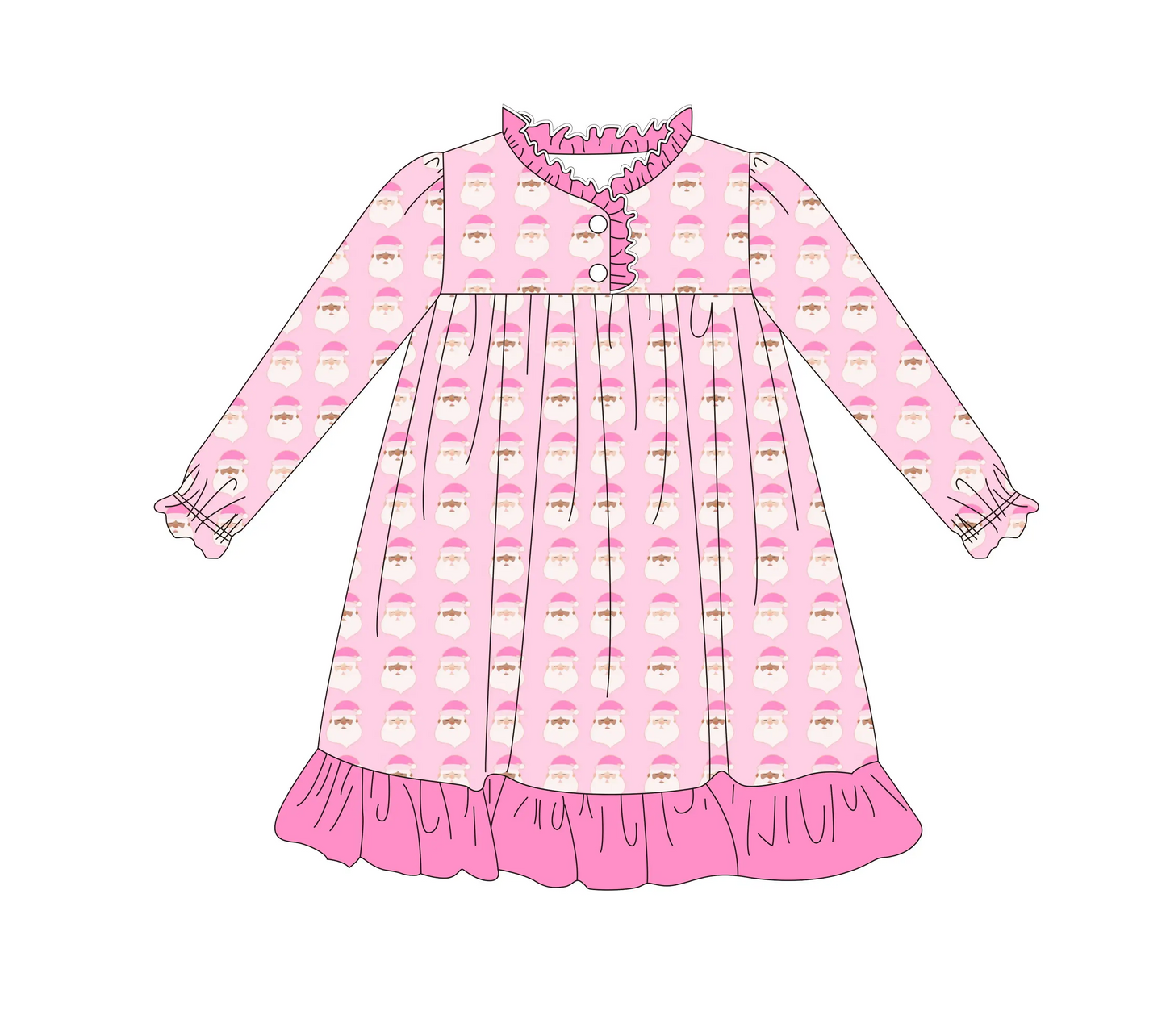 Custom moq 3 eta 7/8week moq 5 eta /4/5week Pink Santa Claus Pleated Button Long Sleeve Dress