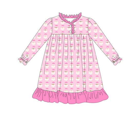 Custom moq 3 eta 7/8week moq 5 eta /4/5week Pink Santa Claus Pleated Button Long Sleeve Dress