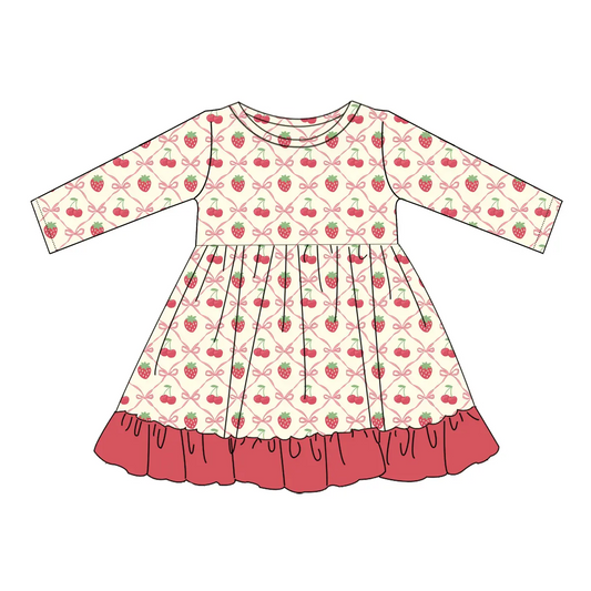 Custom moq 3 eta 7/8week moq 5 eta /4/5week Beige long-sleeved dress with bowknot diamond plaid, cherry and strawberry pattern