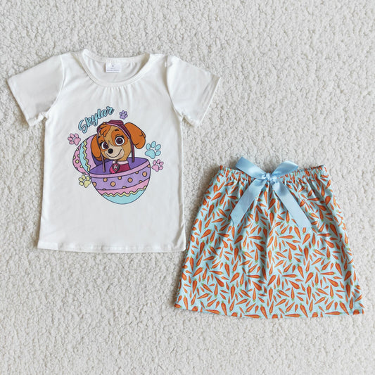 E10-1 Cartoon dog short sleeve top bow skirt suit