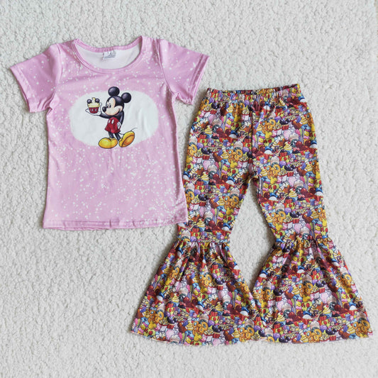E11-11 Pink Mickey Short Sleeve Flared Pants Suit