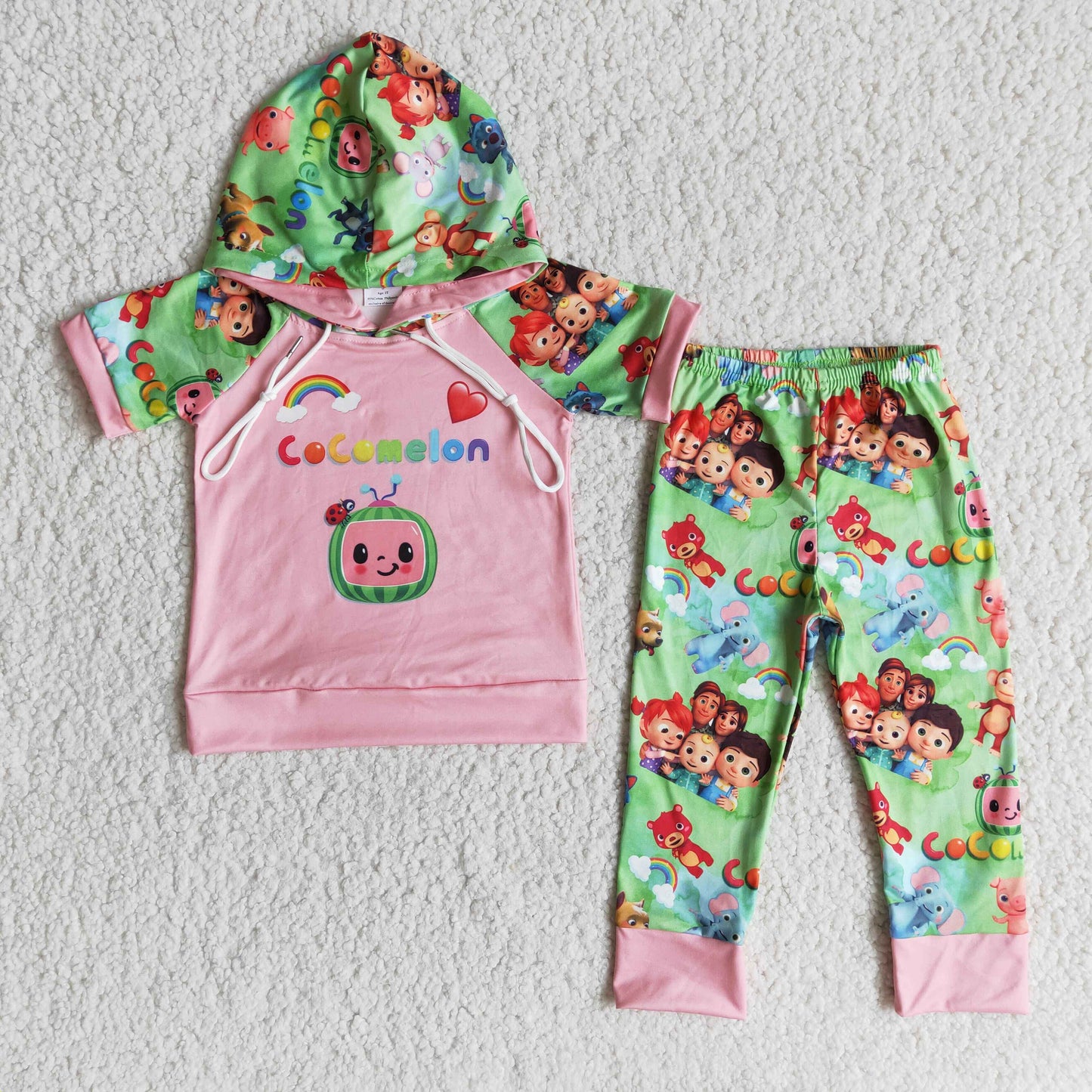 E11-26 cocomelon pink hooded short-sleeved pants suit