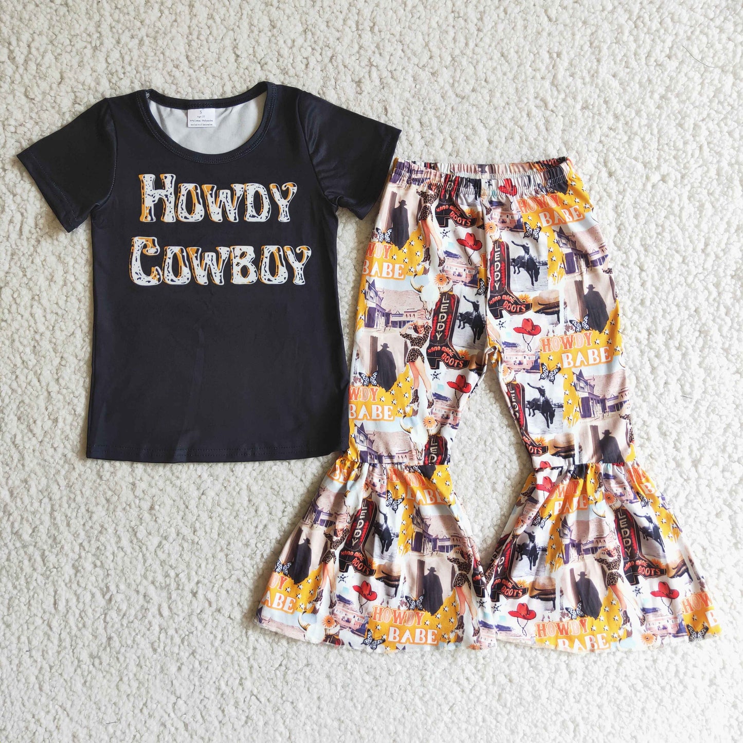 rts no moq E4-15 Black cow boy short sleeve top and flared pants suit